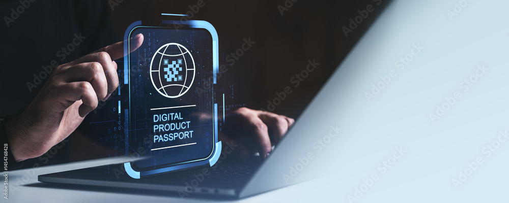 Poster digital product passport concept on transparent futuristic screen interface device.