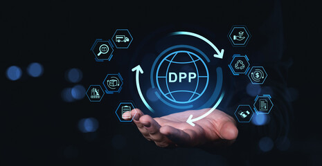 Digital product passport concept with icons floating above a hand on dark background.