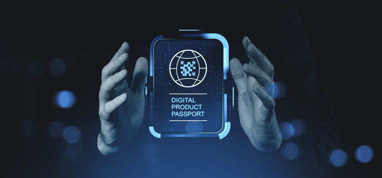 Hands presenting digital product passport icon with futuristic tech interface.. - Powered by Adobe