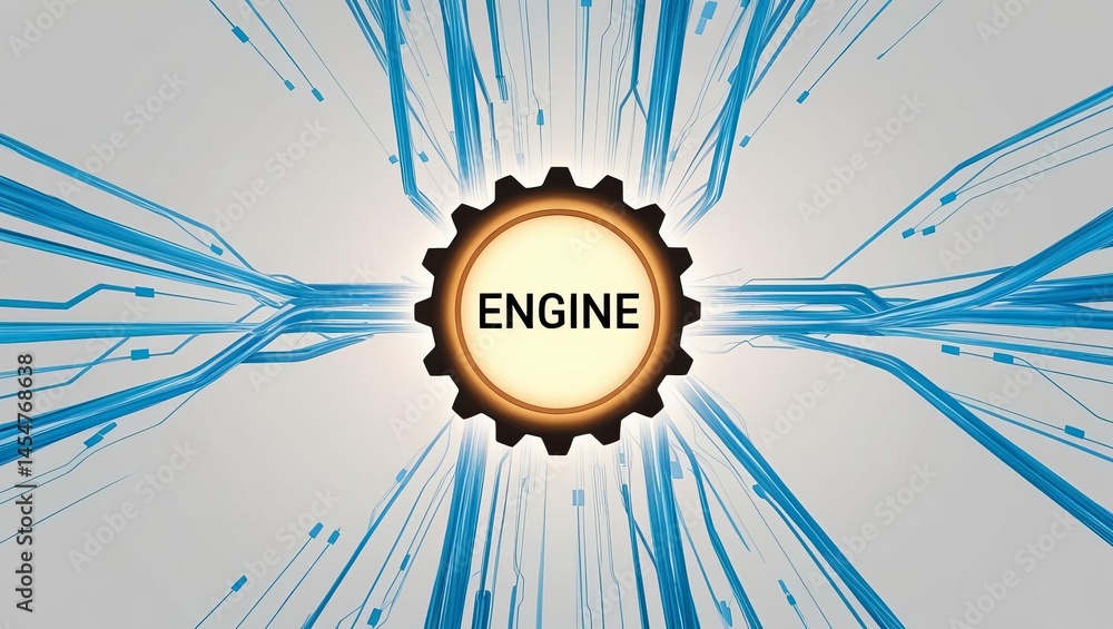 Poster abstract illustration of a mechanical engine gear surrounded by energy blasts and dynamic lines repr