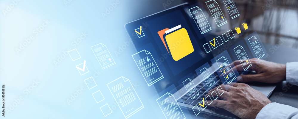 Poster digital folder and document management system on laptop with holographic file interface.