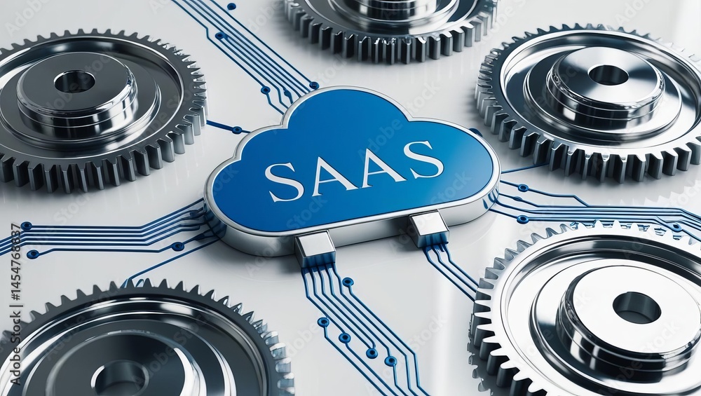 Aufkleber detailed close-up of interconnected metallic gears surrounding a blue cloud icon labeled saas symbol