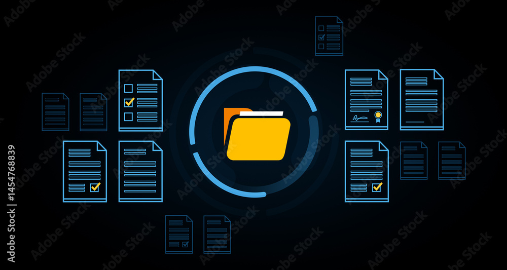 Poster digital folder with documents surrounding it in a futuristic interface depicting data organization c