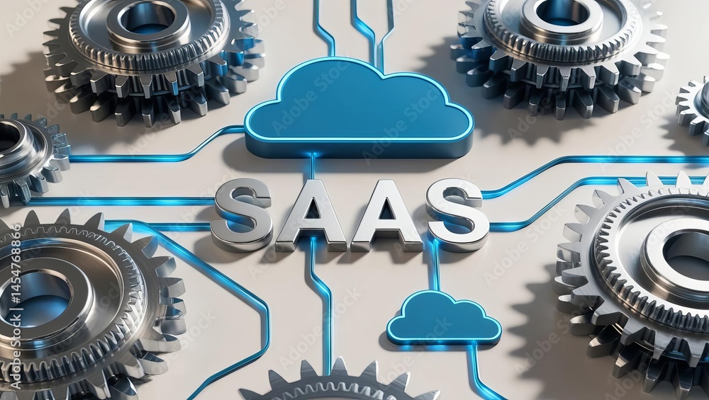 Aufkleber business technology concept with cloud storage and saas software deployment featu gears and digital 