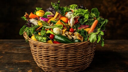 A stunning image of a decorative basket filled with abundant, fresh vegetable scraps and greens, beautifully arranged to showcase the concept of healthy composting and sustainability.