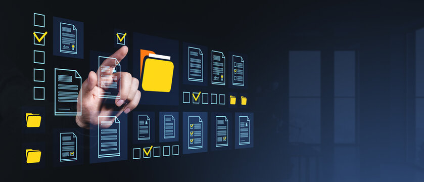 Digital document management system interface with hand interacting on dark background.