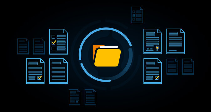 Digital folder with documents surrounding it in a futuristic interface depicting data organization concept in a glowing blue-themed style. 3D Rendering - Powered by Adobe