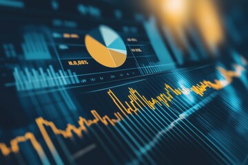 Abstract financial data display with blue and orange lines and graphs. Futuristic analytics dashboard with vibrant screen monitor. Data visualizations, advanced technology. Technical growth, progress
