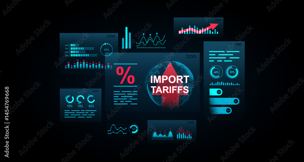Poster import tariffs economic dashboard with futuristic data charts and statistics on dark background, hig