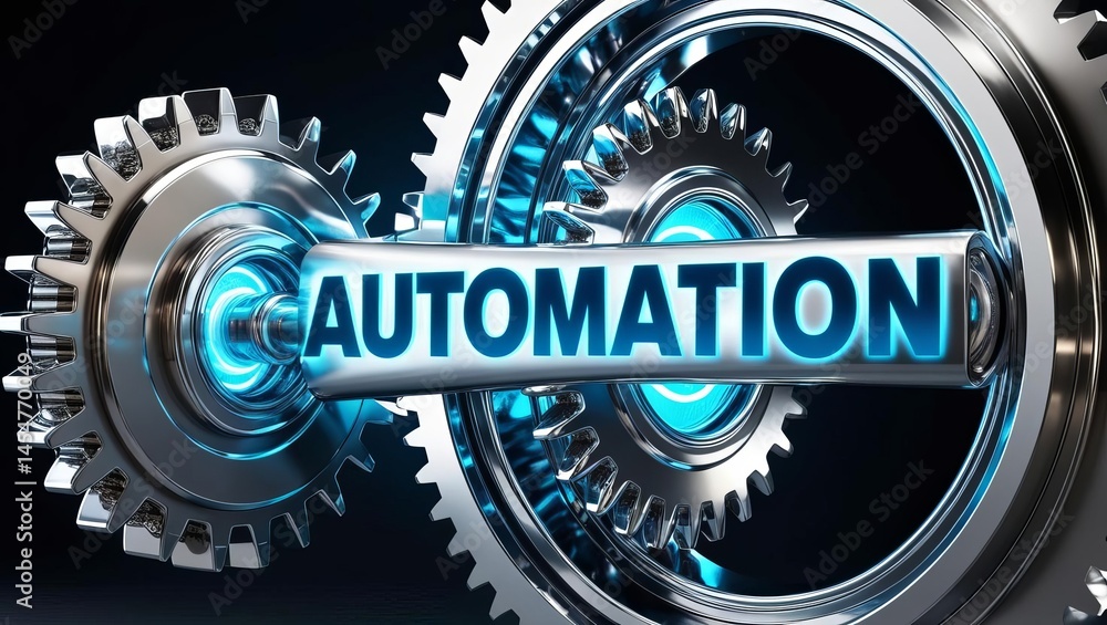 Poster futuristic mechanical gears with illuminated blue accents and the word automation in the center repr