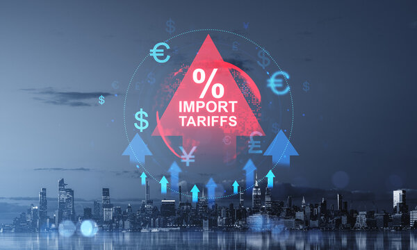 Rising import tariffs symbolized with financial icons and upward arrows over New York City skyline at night, reflecting economic growth and trade war tensions.