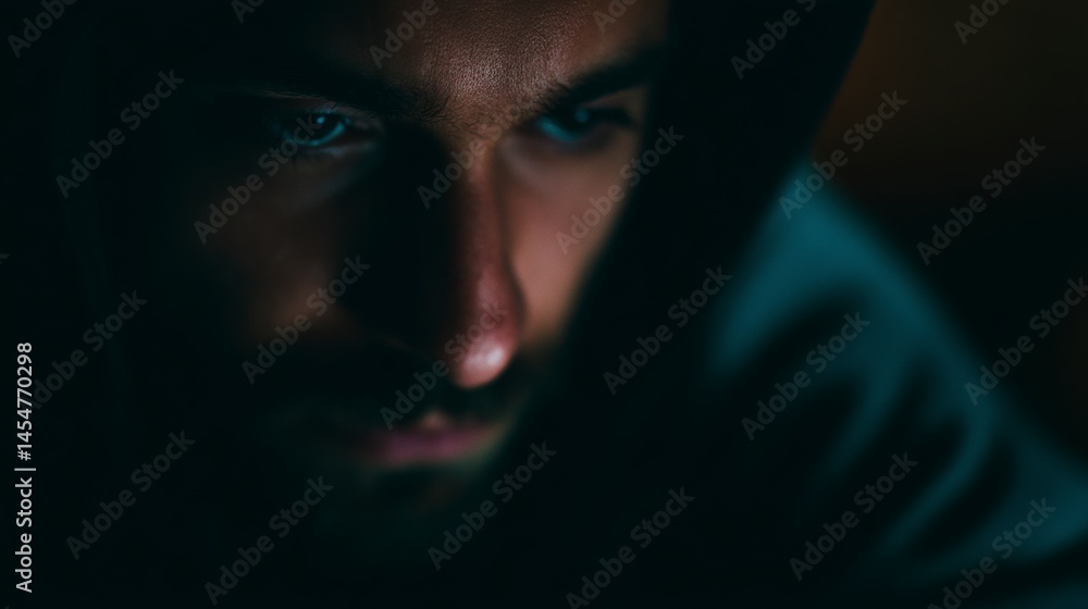 Aufkleber mysterious man in shadows intense focus on computer work