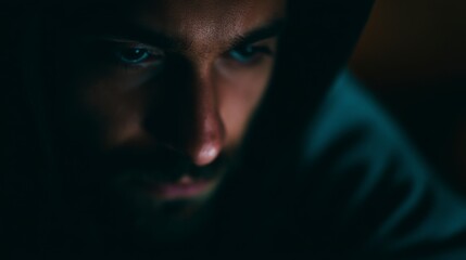 Fototapeta premium Mysterious Man in Shadows Intense Focus on Computer Work