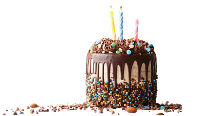 A chocolate frosted cake with sprinkles and candles on a white background surface