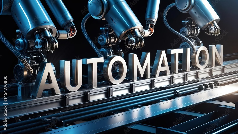 Poster close-up of multiple robotic arms working together on a conveyor belt spelling out the word automati