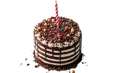 A chocolate striped cake with a lit candle and sprinkles on a white background isolated