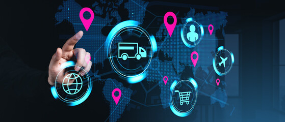 Logistics and transportation management system with global tracking interface on dark background.
