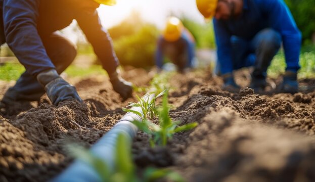 A close-up of an engineer's hands placing polyethylene pipe into the ground. The background is blurred, showing brown dirt with some green grass visible.