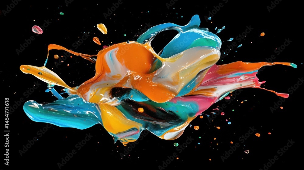 Poster close-up of colorful paint splashes blending in mid-air, forming abstract patterns on a black backgr