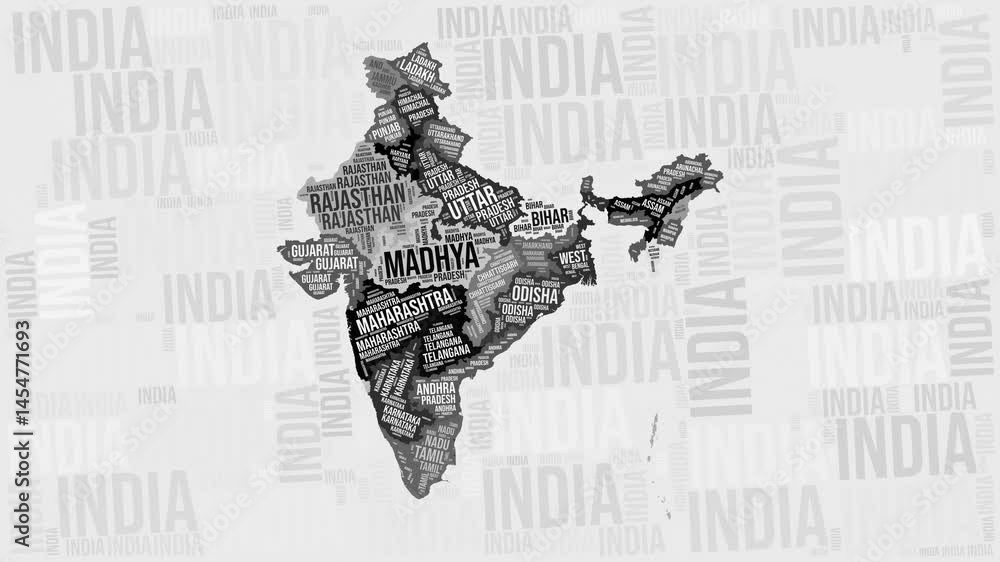 Poster india animation. visual effect of india states appearing in black and white word clouds style. count