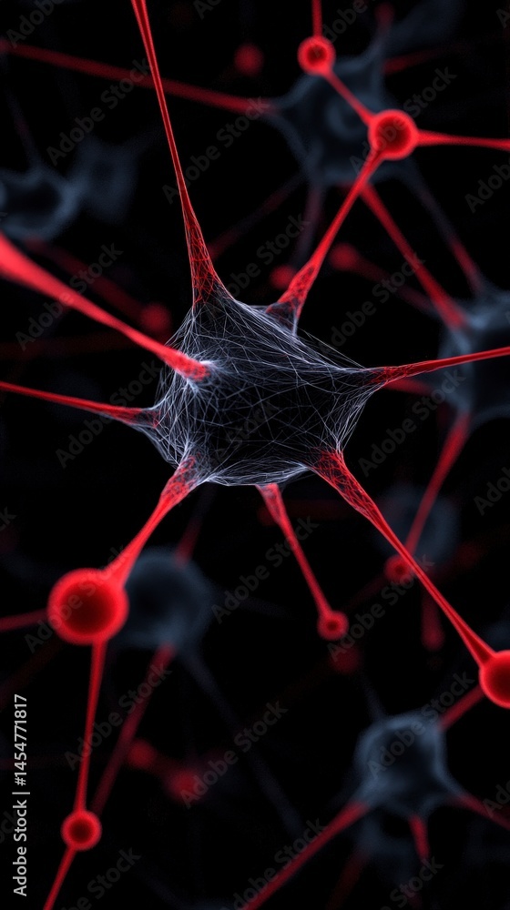 Poster abstract neural network red black interconnected nodes futuristic technology science
