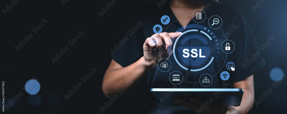 Poster woman interacting with ssl certificate interface on tablet screen in cybersecurity concept.