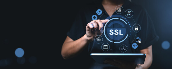 Woman interacting with SSL certificate interface on tablet screen in cybersecurity concept.