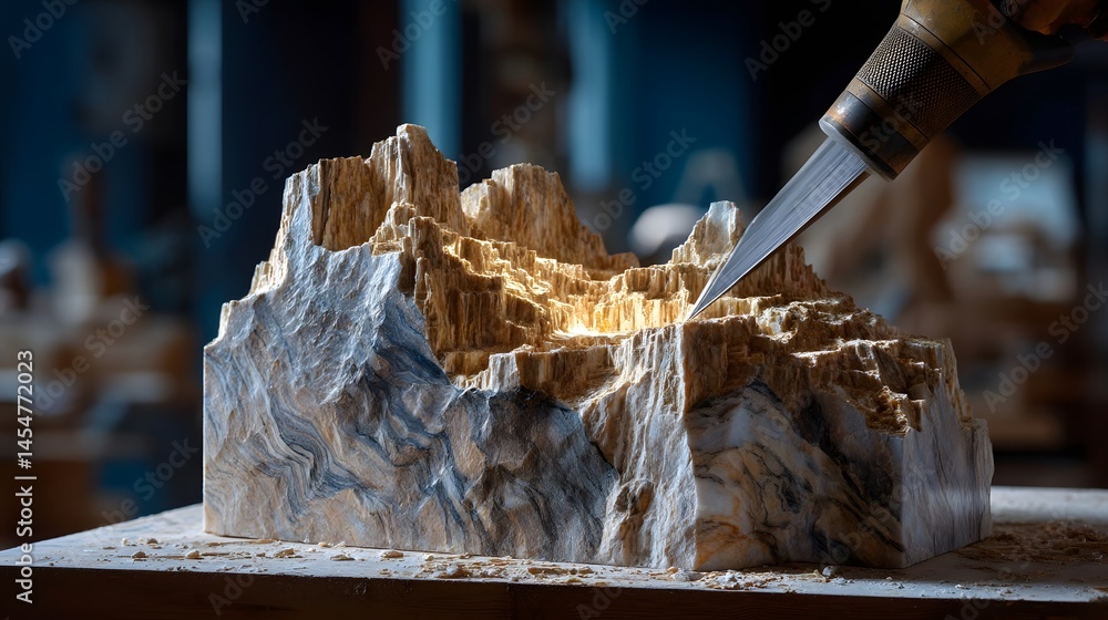 Aufkleber dedicated sculptor skillfully using knife to chisel marble with intense focus and precision