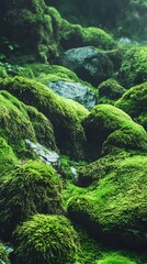 Fototapeta premium Lush green moss garden with soft sunlight