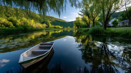 Obraz premium Family boating on a clear lake surrounded by lush nature in a serene lakeside retreat