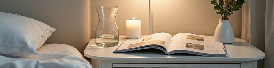 Cozy bedside table with open book, candle, and plant in serene bedroom setting