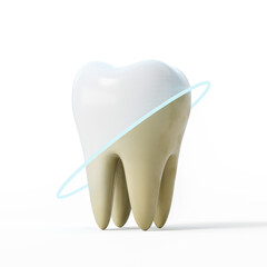 Healthy and decayed tooth comparison with a cleaning effect represented by a glowing ring on white background. 3D Rendering. 3D Rendering