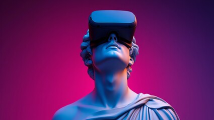 Futuristic art concept with classical sculpture wearing virtual reality headset for modern digital experience design