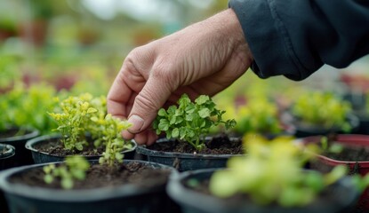 Close-up of hands planting trees in pots with soil, park background, focus on hand and tree, green environment. environmental protection by caring for plants, a connection to the concept of nature.