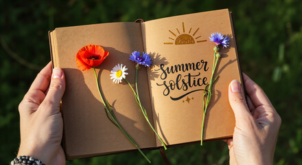 Holding solstice greeting card with wildflowers for marketing, e-cards, websites, and themed seasonal promotions