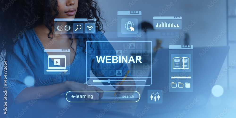 Aufkleber woman attending online webinar and e-learning session using lapt