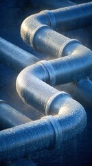Pipes criss-cross, catching light, damp with condensation