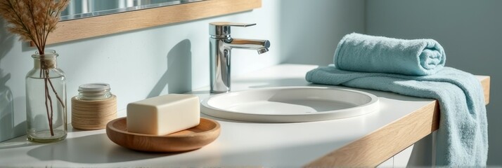 Modern bathroom sink with minimalist decor and soft blue towel