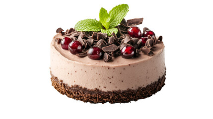 A chocolate cheesecake with cherry topping and mint leaves on a white background surface