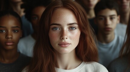 Fototapeta premium Satisfied young woman looking at camera. Team of multiethnic students preparing for university exam. Portrait of girl with freckles sitting in a row with her classmates during high school exam. illus
