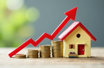 Wooden houses stand in a row from small to large with a red arrow up. concept of high demand for real estate. increase energy efficiency of housing. rise in house prices. property. population growth