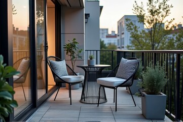 Obraz premium Modern urban balcony at sunset with stylish furniture and potted plants