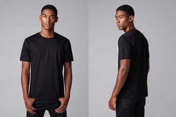 Stylish young man wearing casual black t-shirt in front and back view for fashion lookbook or apparel design concepts