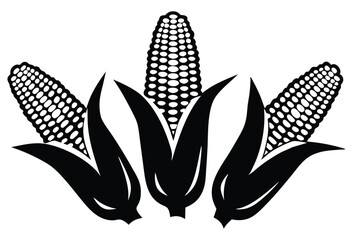 Fototapeta premium Black and White Illustration of Three Corn Cobs with Partially Peeled Husks – Bold Agricultural Graphic Design 