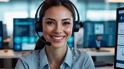 Smiling female customer service agent wearing a headset in a modern call center office surrounded by monitors with data and charts

 - Powered by Adobe