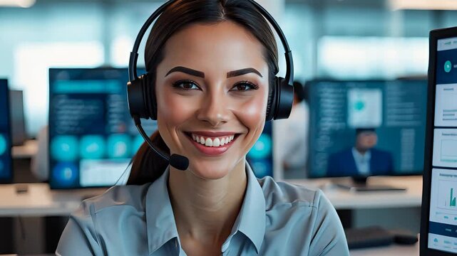 Smiling female customer service agent wearing a headset in a modern call center office surrounded by monitors with data and charts

