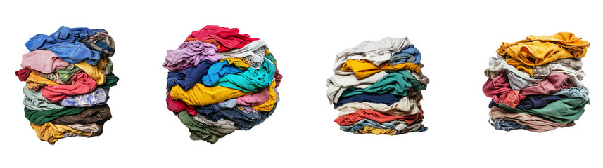 Set of Real photograph of a cluttered pile of unclean clothes, including athletic wear and everyday garments on transparent png background. Ai generated