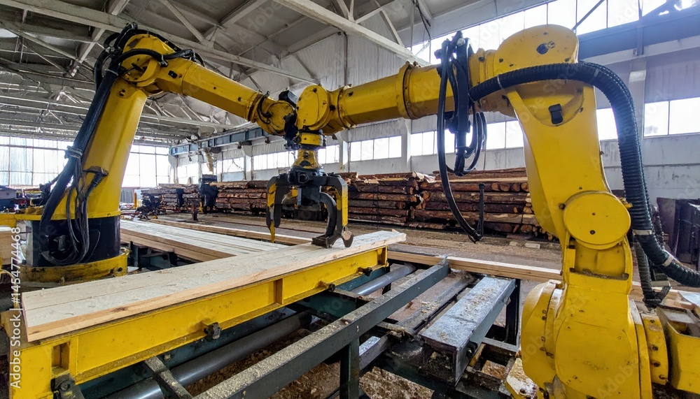 Poster industrial robot arm in wood processing factory for lumber handling