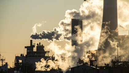 Obraz premium Industrial Landscape with Smoke Emission at Sunrise Horizon View