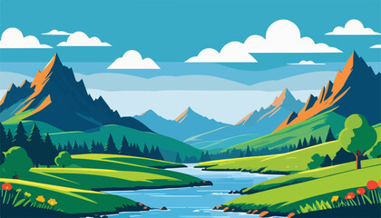 Panoramic Outdoor View of a Mountain Valley with River and Clear Sky